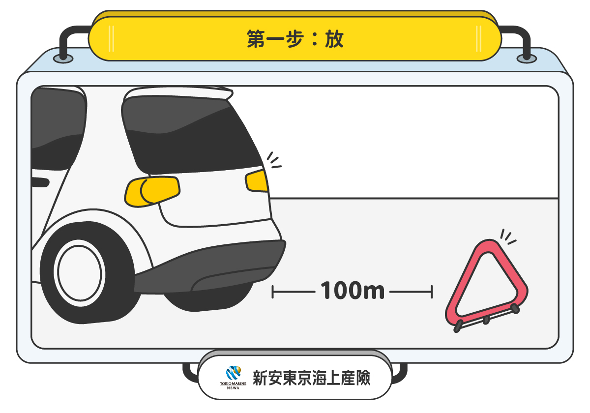 汽車輛雙黃燈且車主將車輛故障標誌放置事故地點的示意圖